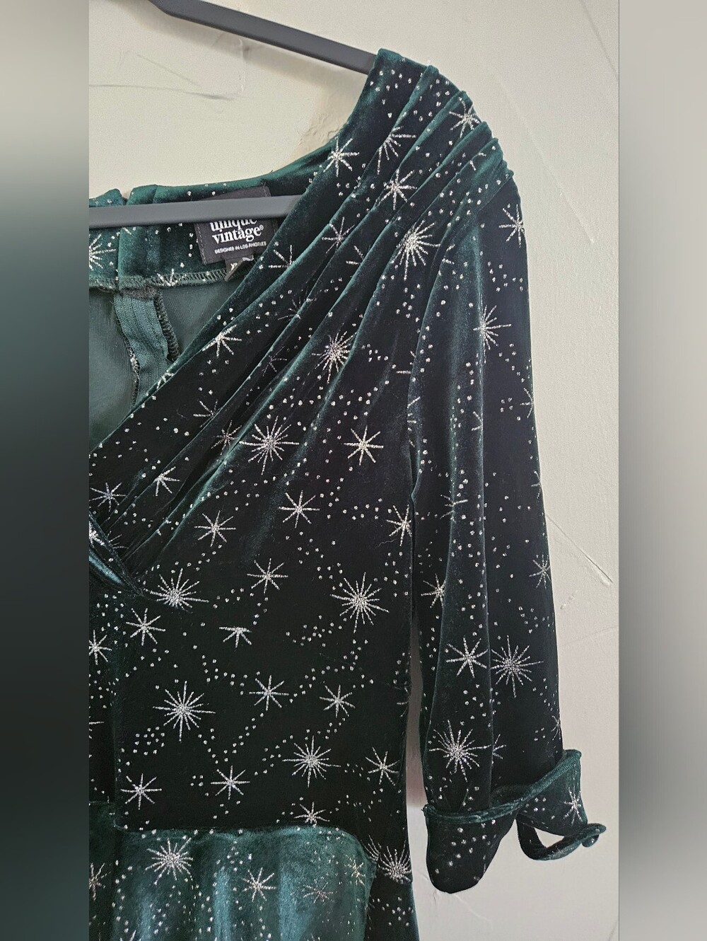 Unique Vintage Delores Velvet Celestial Swing Dress Green Silver Stars XL 14 - Picture 9 of 14